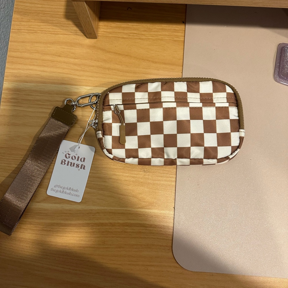 Checkered Brown & Cream Wristlet Pouch